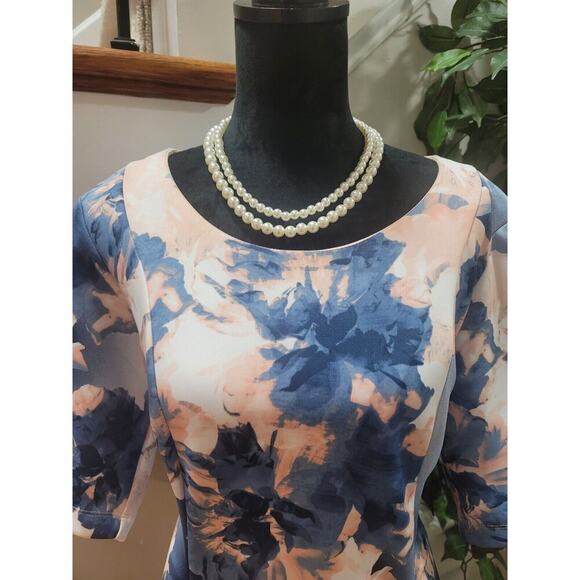 Tiana B Scuba Blue Polyester Round Neck 3/4 Sleeve Casual Knee Length Dress 6 - Picture 2 of 13